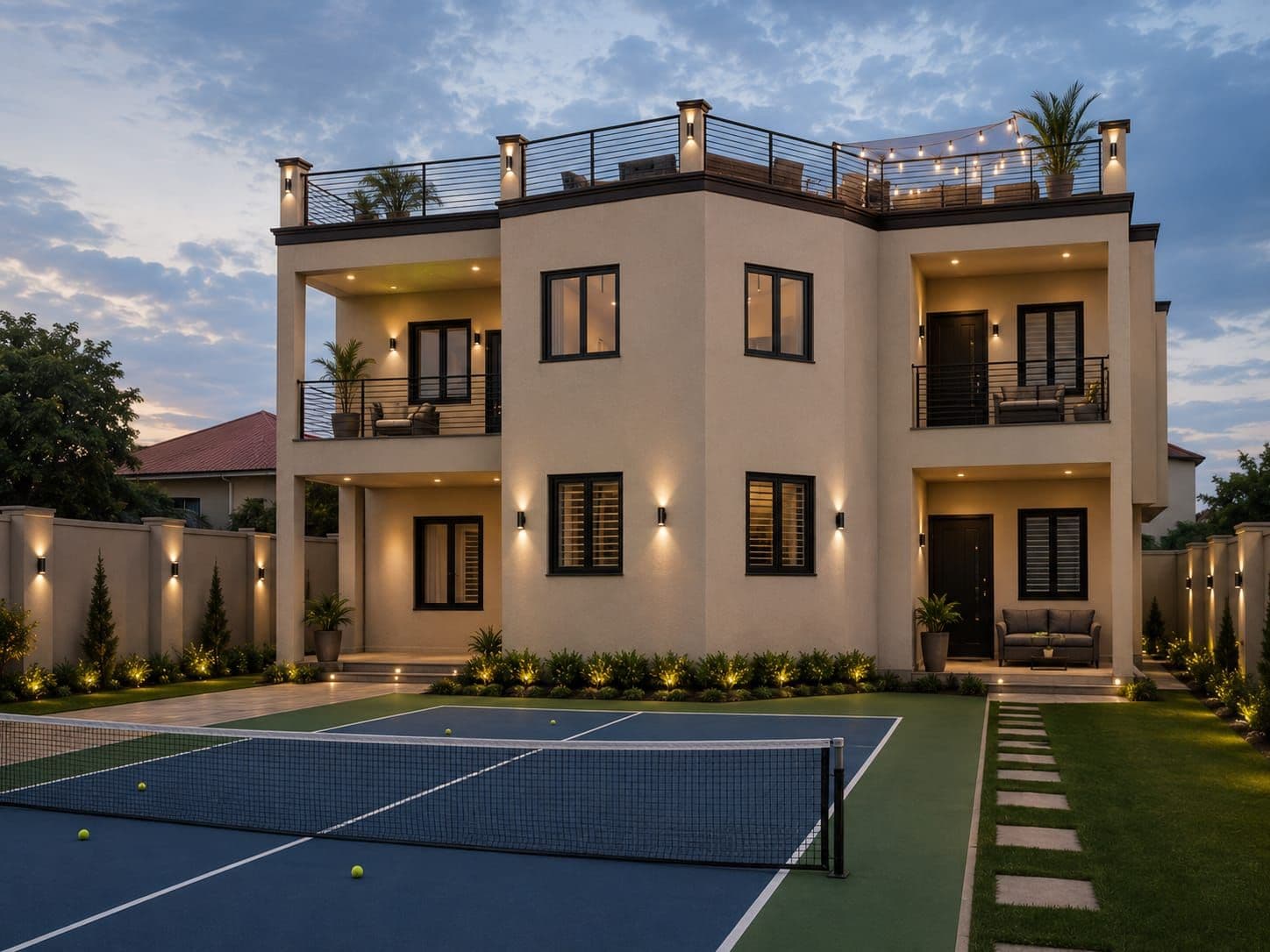 Tennis court and basketball hoop beside the building